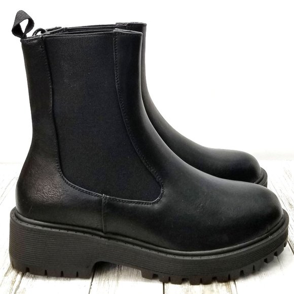 New Black Chelsea Round Toe Elastic Panel Platform Lug Sole Combat Boots - Picture 2 of 6